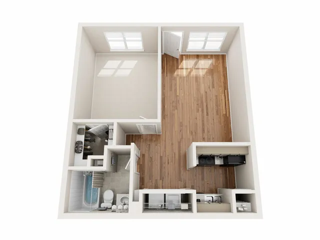 3D floor plan showcasing a single bedroom, open living space, kitchen, and bathroom.
