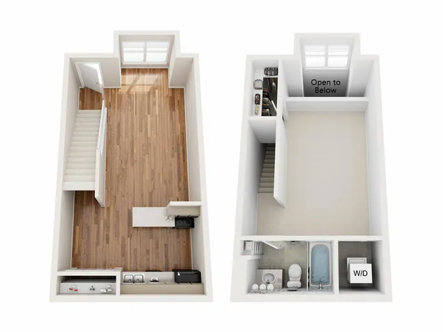 3D floor plan showing a two-level apartment with an open living area, kitchen, stylish staircase, and separate laundry room.