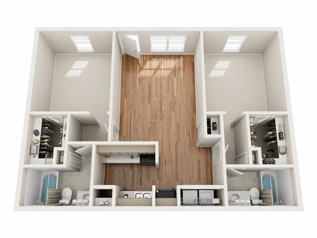 Elegant 3D floor plan with two bedrooms, a central living area, two bathrooms, and modern kitchen design.