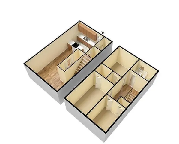 3D Floor Plan of a 3-bedroom, 1.5-bath townhome. First floor includes a kitchen, living/dining combo, washer/dryer area, and half bath. Second floor has three bedrooms and a full bath.