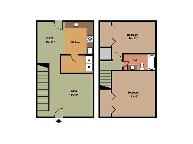 Two-level floor plan. Ground floor shows a dining area, kitchen, and living room. Upper floor includes two bedrooms and a bathroom. Simple layout.