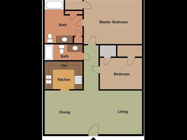 Floor plan of a house with two bedrooms, two baths, a kitchen, dining, and living area. Rooms are labeled and color-coded with beige and green shades.