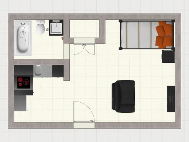 Floor plan of a studio apartment at El Madrid Apartments in Springfield, Missouri, showing an open living/sleeping area with wood-look flooring, a galley kitchen with upper and lower cabinets and appliances along one wall, a black sofa and bed positioned beneath a window, and a separate full bathroom with tub/shower off the main space.