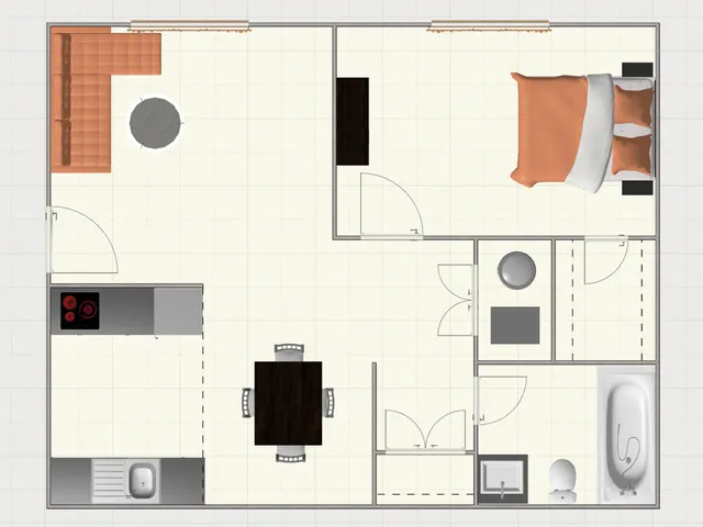 Floor plan of a one-bedroom, one-bath apartment at El Madrid Apartments in Springfield, Missouri, featuring an entry into an open living/dining area with a table by the window, a straight-line kitchen with full-size appliances, a separate bedroom with closet space, and a full bathroom accessed from the hallway.