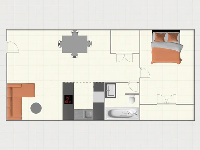 Floor plan of a one-bedroom, one-bath East Manor apartment in Springfield, Missouri, showing an entry that opens into a combined living and dining area with a small table by a window; a straight-line kitchen along one wall with refrigerator, stove, and sink; a full bathroom with tub/shower off the kitchen; and a bedroom on the right side furnished with a bed and two windows.