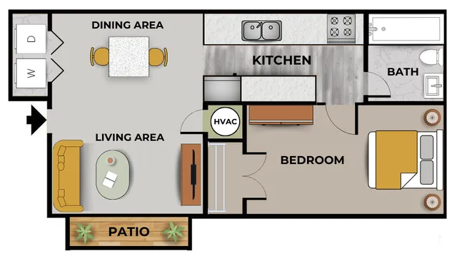 One-bedroom apartment floor plan showing a layout with a living area, dining area, kitchen, bathroom, bedroom, patio, and washer/dryer. The living area includes a couch, coffee table, and TV; the dining area has a table with two chairs; the kitchen features a sink, stove, and counter space; the bathroom includes a tub, toilet, and sink; the bedroom has a bed with two nightstands; and the patio includes decorative plants. The HVAC unit is located near the bedroom entry.
