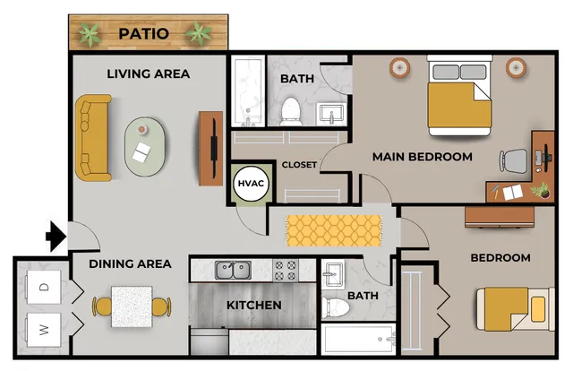 Floor plan of a two-bedroom, two-bathroom apartment. The layout includes a patio connected to the living area, which features a couch, coffee table, and TV. Adjacent to the living area is the dining area with a table and two chairs, and a kitchen with a sink, stove, and refrigerator. The left side includes a washer and dryer closet. The main bedroom includes a bed, two nightstands, a desk with a chair, and an en-suite bathroom with a tub, toilet, and sink. A second bedroom includes a bed and dresser. A second bathroom near the kitchen includes a bathtub, toilet, and sink. The HVAC unit and closet are located in the hallway between the main areas and the bedrooms.