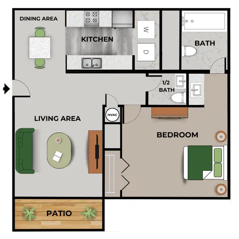 1 bedroom, 1.5 bathroom floor plan for English Village II Apartments in Springfield, MO, showing an open living area, dining space, full kitchen, private patio, and a large bedroom with attached full bath and guest half bath near the entry.