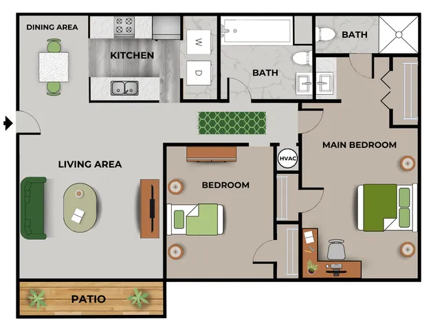 2 bedroom, 2 bathroom floor plan for English Village II Apartments in Springfield, MO, featuring a spacious living area, full kitchen with dining space, private patio, and in-unit laundry. The layout includes a main bedroom with en suite bath and a secondary bedroom near the second bathroom.