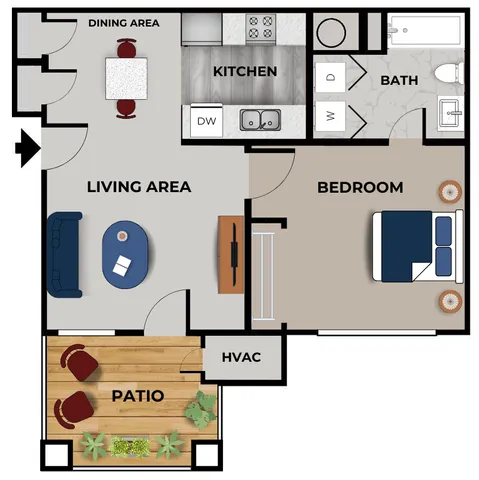 Floor plan of a one-bedroom, one-bath Cobblestone Village apartment in Springfield, Missouri, featuring an open-concept living and dining area adjacent to a kitchen with full-size appliances, a living room that opens onto a private patio, a full bathroom with tub/shower, an HVAC closet, and a bedroom with walk-in closet.