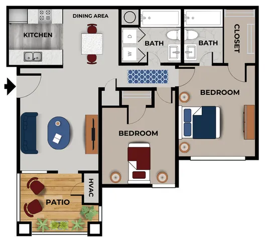 Floor plan of a two-bedroom, two-bath Cobblestone Village apartment in Springfield, Missouri, featuring an open-concept kitchen and dining area that flows into a living room with patio access, two bedrooms each with closet space, and two full bathrooms.