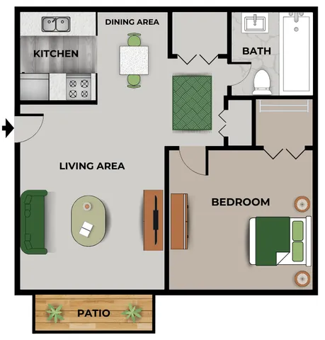 1 bedroom, 1 bathroom floor plan at English Village II Apartments in Springfield, MO, featuring an open-concept living and dining area, full kitchen, private patio, and a spacious bedroom with nearby full bathroom.