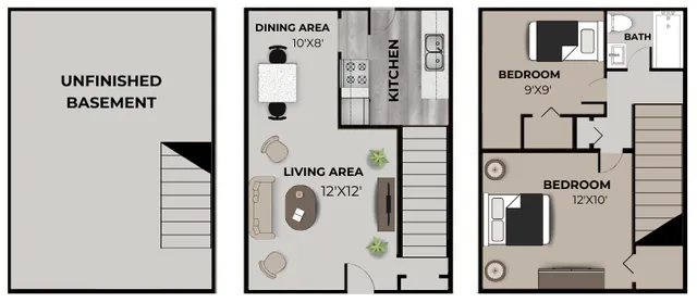 Two-bedroom townhouse floor plan with three levels. The basement level is unfinished with stairs leading to the main level. The main level features a 10\'x8\' dining area, a kitchen, and a 12\'x12\' living area. The upper level includes two bedrooms, one measuring 9\'x9\' and the other 12\'x10\', along with a shared bathroom and stairs connecting all levels.