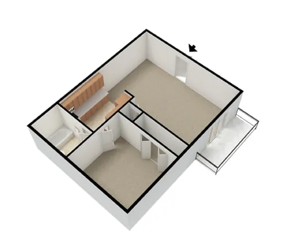 3D floor plan of a one-bedroom apartment featuring a spacious living area, a kitchen with wooden cabinets, a bathroom with a bathtub, a bedroom, and an outdoor balcony space. The layout shows clear pathways between rooms, with the entry point indicated by an arrow.