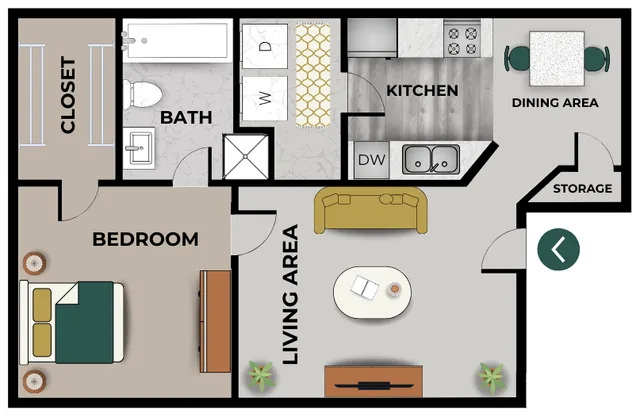 1 A digital layout of a one-bedroom, one-bathroom apartment. The bedroom features a large closet and direct access to the bathroom, which includes a bathtub and toilet. The living area is spacious, with a seating arrangement and a TV stand. The kitchen, located near the dining area, includes a dishwasher, a stove, and a sink. A washer and dryer are positioned in a separate space near the hallway. Additional storage is available near the entrance.