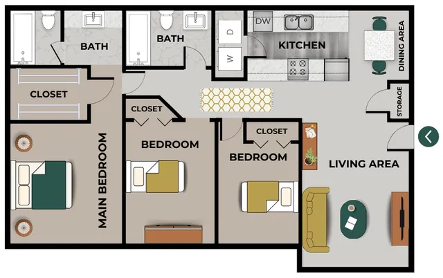 A detailed digital floor plan of a three-bedroom, two-bathroom apartment. The layout includes a spacious main bedroom with a large closet and an attached bathroom. Two additional bedrooms, each with their own closets, share a second bathroom located near the hallway. The kitchen features modern appliances, including a dishwasher and space for a washer and dryer. Adjacent to the kitchen is a dining area, which leads into a living area furnished with a sofa, coffee table, and entertainment center. A storage closet is situated near the entrance.