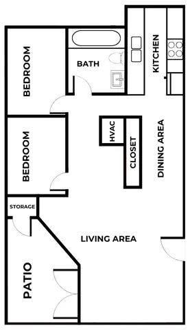 2-bedroom, 1-bath apartment floor plan at The Timbers in Springfield, MO, featuring a spacious living area, dedicated dining space, full kitchen, private patio with storage, and two adjacent bedrooms near a shared bathroom.
