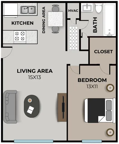 One-bedroom, one-bath apartment layout at Seminole North Apartments in Springfield, MO. Includes a 13x11 bedroom with closet, 15x13 living area, open dining nook, and full kitchen. Bathroom includes tub, vanity, and toilet for convenience.