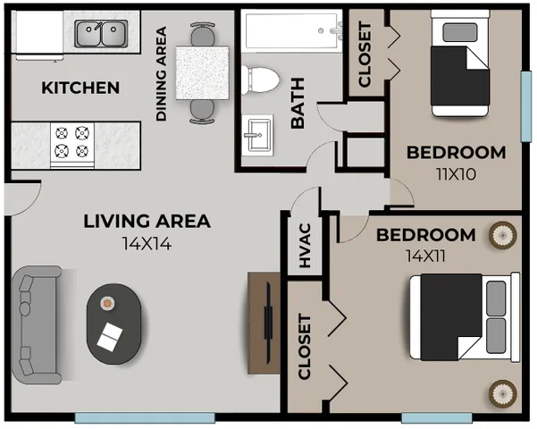 Two-bedroom, one-bath apartment floor plan at Seminole North Apartments in Springfield, MO. Features a 14x11 primary bedroom and 11x10 secondary bedroom, each with closets. Spacious 14x14 living area connects to dining space and kitchen. Full bathroom includes tub, sink, and toilet.