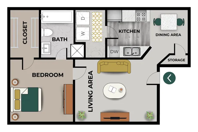 One-bedroom, one-bath floor plan at Chesterfield Village featuring a bedroom with walk-in closet, full bathroom, open living area, kitchen with dining space, in-unit washer and dryer, and additional storage.