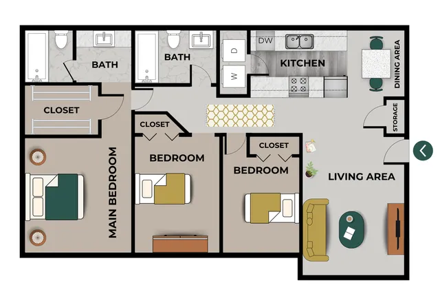 Three-bedroom, two-bath floor plan at Chesterfield Village featuring a main bedroom with private bath and walk-in closet, two additional bedrooms with closets, a shared bathroom, open living area, kitchen with dining space, in-unit washer and dryer, and additional storage.