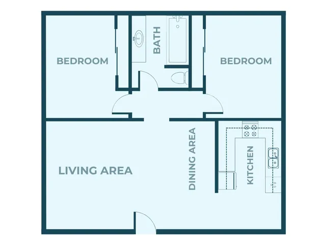 Inviting floor plan showcasing 2 cozy bedrooms, a spacious living area, modern kitchen, and convenient dining space, perfect for comfortable living.