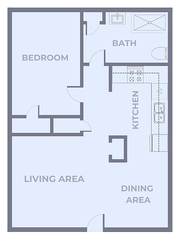 One-bedroom, one-bath apartment floor plan at Lombard Heights Apartments featuring a separate bedroom with closet, a full bathroom off the hallway, an open living area, and a combined kitchen and dining space with appliances along one wall. Entry opens into the living area with clear circulation between rooms.