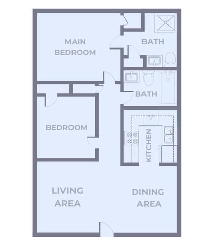 Two-bedroom, two-bath apartment floor plan at Lombard Heights Apartments featuring a main bedroom with adjacent full bathroom, a second bedroom near a separate hall bathroom, an open living area, and a combined dining and kitchen space with appliances along one wall. Entry opens into the living area with clear access to bedrooms and baths.