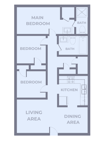Three-bedroom, two-bath apartment floor plan at Lombard Heights Apartments featuring a main bedroom with nearby full bathroom, two additional bedrooms off the hallway, a second full bathroom, an open living area, and a combined dining and kitchen space with appliances along one wall. Entry opens into the living area with central hallway access to bedrooms and baths.