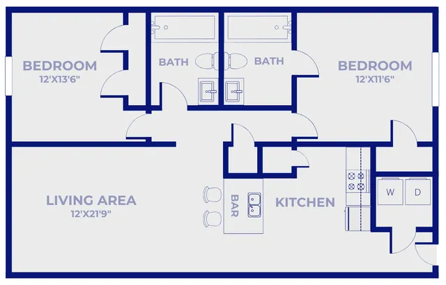 Two-bedroom apartment floor plan featuring split bedrooms (12\'x13\'6\" and 12\'x11\'6\"), two bathrooms, spacious 12\'x21\'9\" living area, kitchen with bar seating, and in-unit washer/dryer closet.