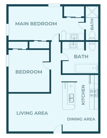 Two-bedroom apartment floor plan with main bedroom featuring en-suite bath, second bedroom, full hall bath, open living area, dining space, and kitchen with breakfast bar.