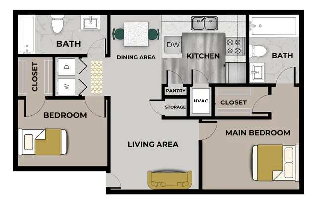 Two-bedroom, two-bath floor plan at Chesterfield Village featuring a main bedroom with private bath and closet, a second bedroom with closet, two full bathrooms, open living area, kitchen with dining space, in-unit washer and dryer, pantry, HVAC closet, and additional storage.