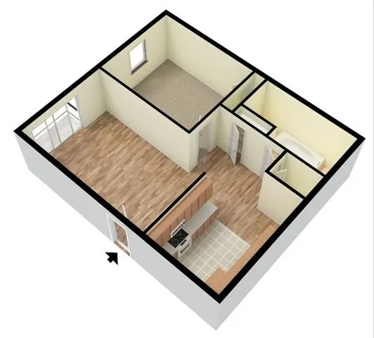 3D‐rendered perspective floor plan of a one-bedroom apartment showing wood-style plank flooring throughout an open living area that flows into an L-shaped kitchen with lower cabinetry and appliances along one wall; a carpeted bedroom off the back wall with a built-in closet; and a tiled bathroom and storage closet clustered near the entry, all bounded by neutral-colored walls.