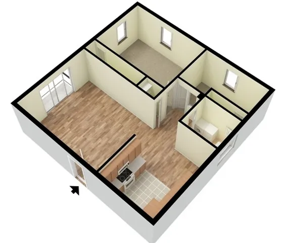 3D-rendered perspective floor plan of a two-bedroom, one-bath apartment showing wood-style plank flooring in an open living area entered at a front door, a galley kitchen with sink, stove, and refrigerator along one wall, a tiled full bathroom off a short hallway, and two separate carpeted bedrooms at the back each with a window.
