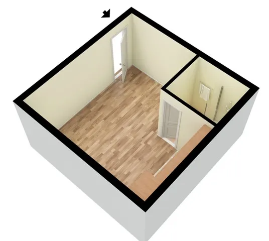 3D-rendered perspective of an empty studio apartment featuring light wood&ndash;style flooring throughout a single open room, a window on one wall, neutral-colored walls, and a small built-in closet with a door in the corner.