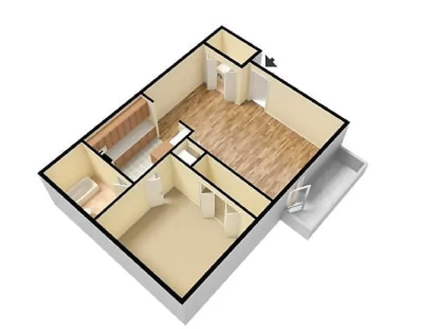 3D floor plan of a one-bedroom apartment featuring a living area with wood-style flooring, a kitchen with wooden cabinets, a bathroom with a bathtub, a bedroom with carpet, and an outdoor balcony. The layout includes a designated area with washer/dryer hookups near the entrance, indicated by an arrow.