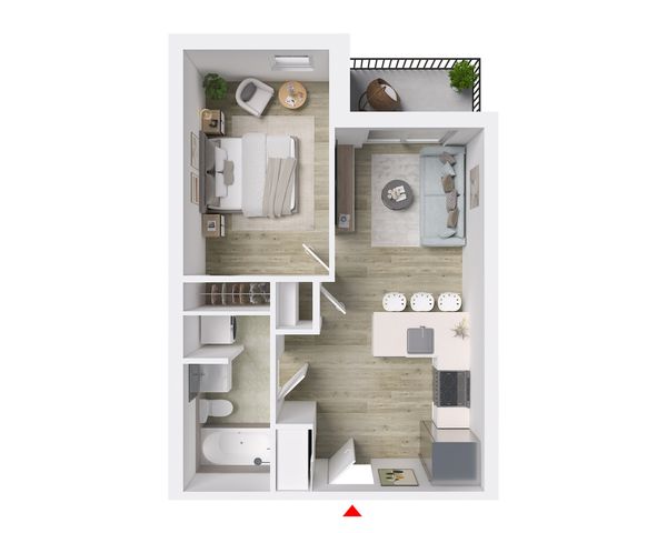 Modern one-bedroom apartment floor plan featuring an open-concept living room and kitchen, cozy bedroom, stylish bathroom, and a charming balcony.