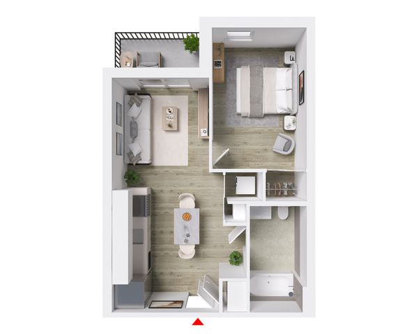 Chic 1-bedroom apartment layout featuring open-concept living and dining area, modern kitchen, cozy balcony, and a stylish bathroom.
