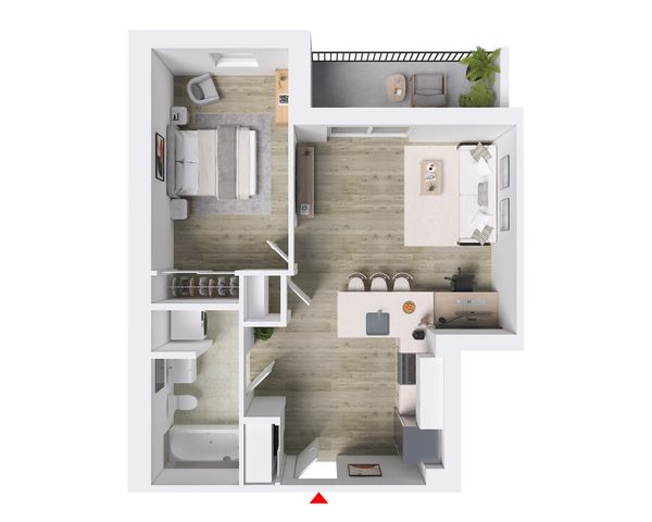 Modern apartment floor plan with one bedroom, spacious living area, open kitchen, and balcony access.