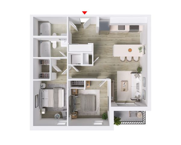 Chic and modern 2-bedroom apartment floor plan with open-concept kitchen and living area, featuring a cozy balcony and elegant bathrooms.