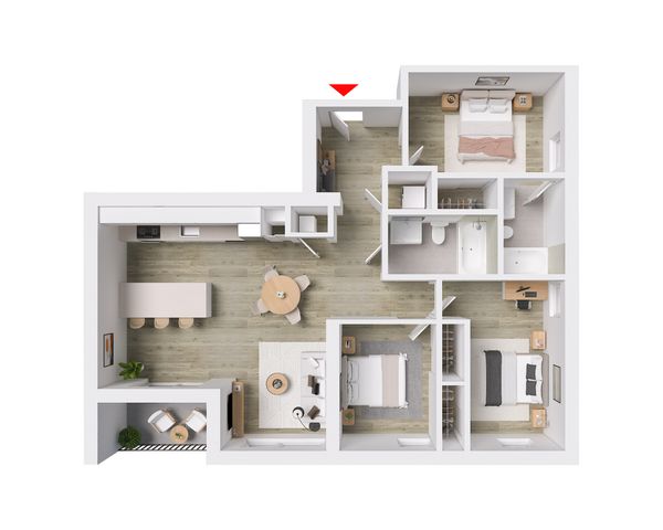 Modern 2D floor plan featuring 3 bedrooms, an open kitchen with dining area, cozy living space, and an elegant bathroom layout.