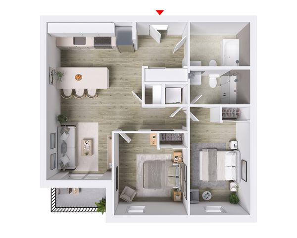 Contemporary floor plan showcasing 2 bedrooms, modern kitchen with island, cozy living room, and elegant bathroom.