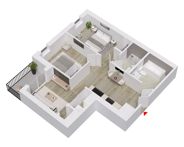 Modern 3D floor plan showcasing a chic apartment with one bedroom, open living and dining area, stylish kitchen, and a private balcony.