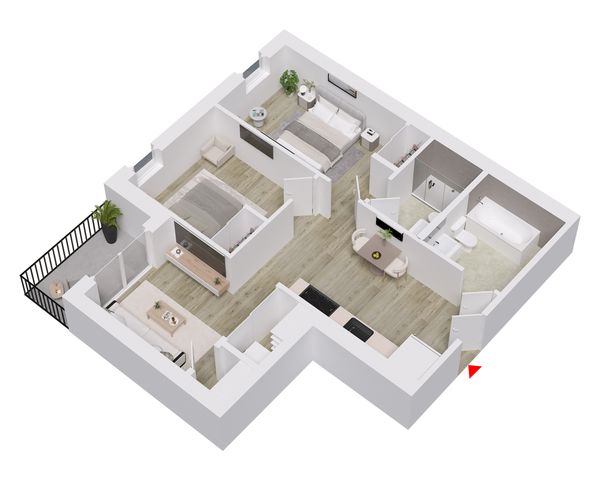 Modern 3D floor plan showcasing 2 bedrooms, an inviting open-concept living and dining area, sleek kitchen, luxurious bathroom, and charming balcony with lush greenery.