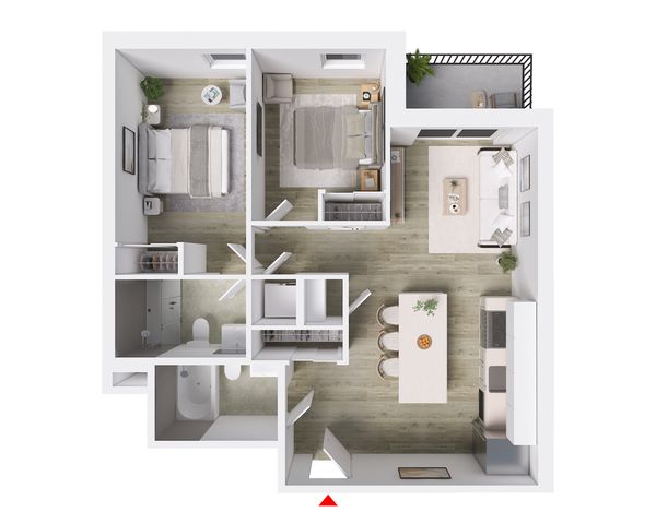Modern 2-bedroom apartment floor plan with open-concept living and dining area, sleek kitchen, cozy bedrooms, and balcony access.