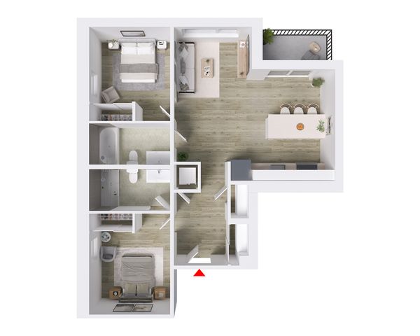 Elegant 2-bedroom apartment floor plan featuring an open-concept kitchen and living area, modern bathroom, and private balcony.