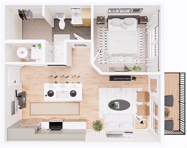 Modern 3D floor plan showcasing a spacious layout with one bedroom, open-concept kitchen and living room, stylish bathroom, and cozy outdoor balcony.