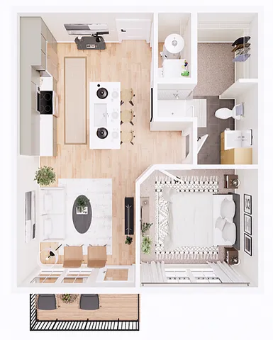 Modern 1-bedroom apartment floor plan with open kitchen, cozy living area, stylish bathroom, and charming balcony.