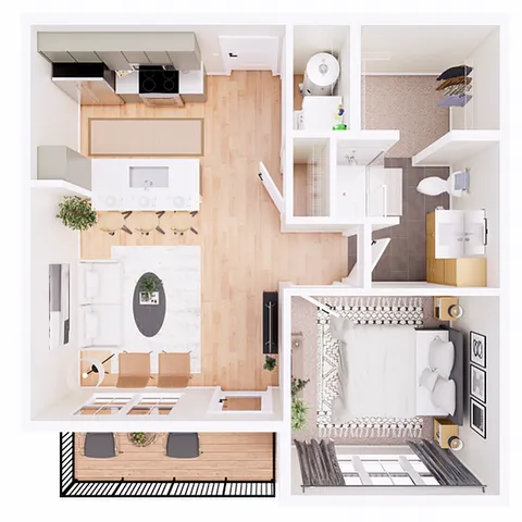 Modern floor plan featuring 1 bedroom, open-concept living and dining area, stylish kitchen, and charming balcony.