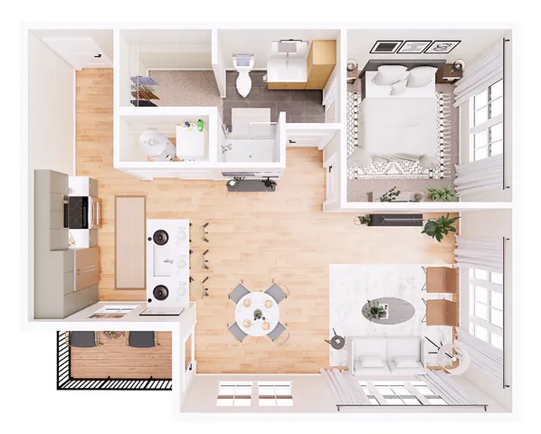 Chic 3D floor plan displaying a modern one-bedroom apartment with open-concept kitchen, cozy living room, and stylish bathroom.